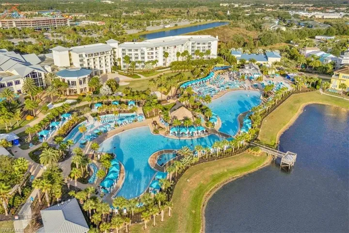 Bird's eye view of a large body of water and a pool area