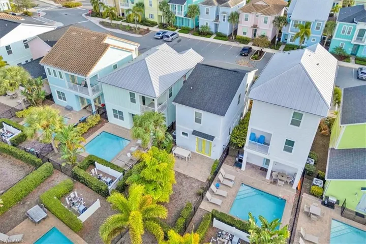 Aerial view of residential area with a pool