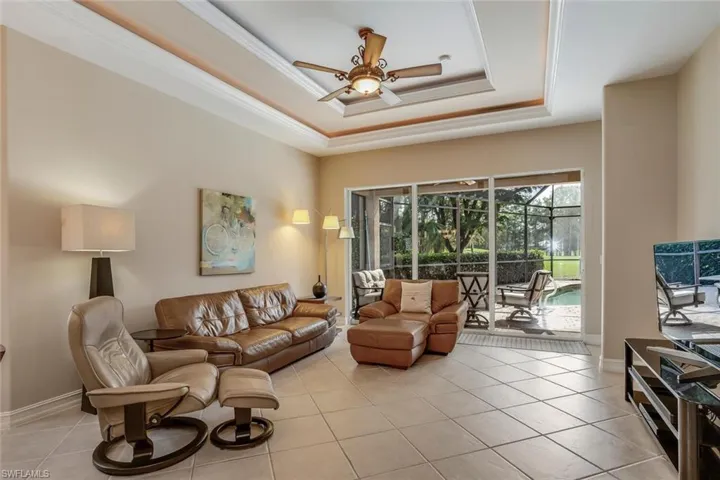 Great Room View to Pool, Tray Ceilings