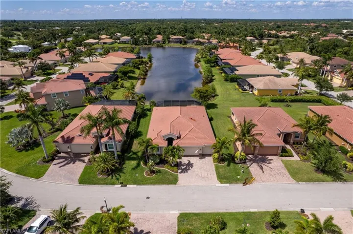 Aerial perspective of suburban area featuring a nearby body of water