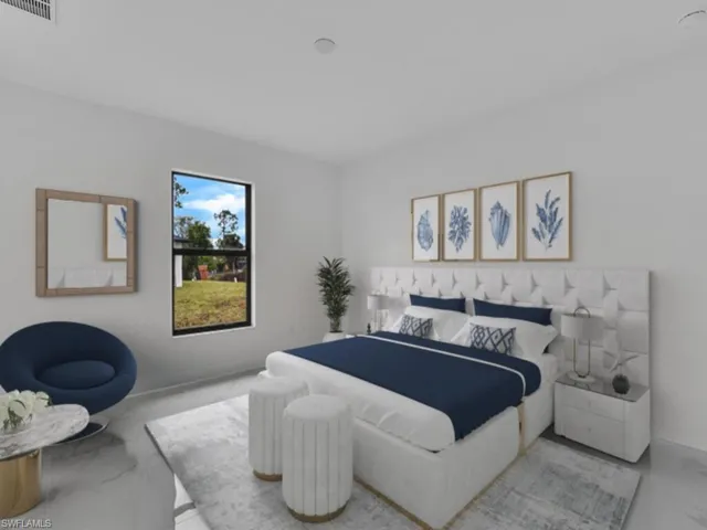 Bedroom with visible vents and marble finish floor