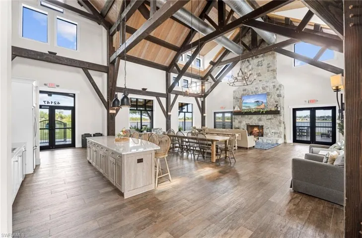 Lake Timber Lodge offers a beautiful entertaining area with a Kitchen, large dining areas, and comfortable lounging areas with a fireplace!