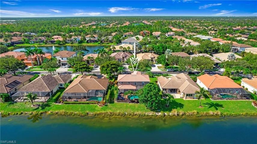 Aerial perspective of suburban area with a nearby body of water