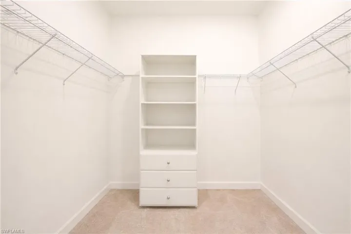 Walk in closet featuring light colored carpet