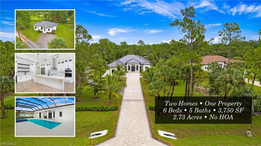Aerial front view with a collage of other parts of the property