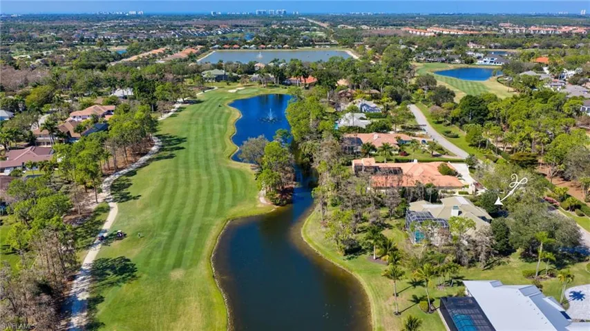Aerial of the golfc course and lake in back
