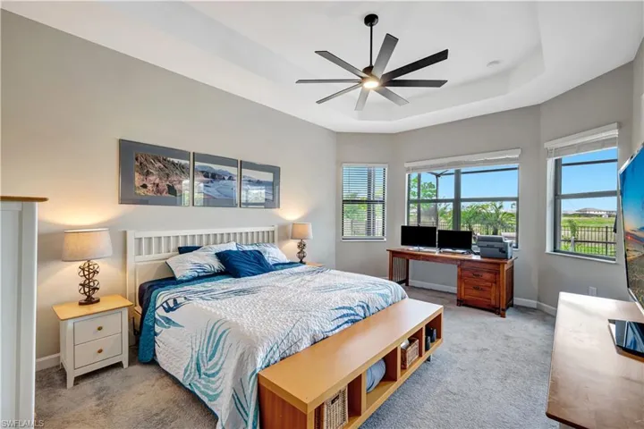 Bedroom featuring carpet flooring, a raised ceiling, baseboards, and a ceiling fan
