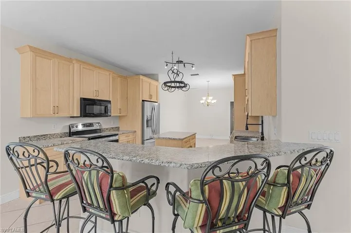 Kitchen with appliances with stainless steel finishes, sink, a breakfast bar area, and kitchen peninsula