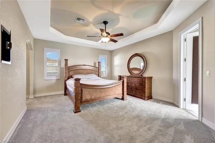 Bedroom featuring a raised ceiling, carpet, baseboards, and visible vents