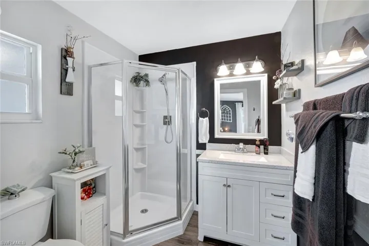 Bathroom with toilet, vanity, wood-style vinyl floors, and a shower with shower door