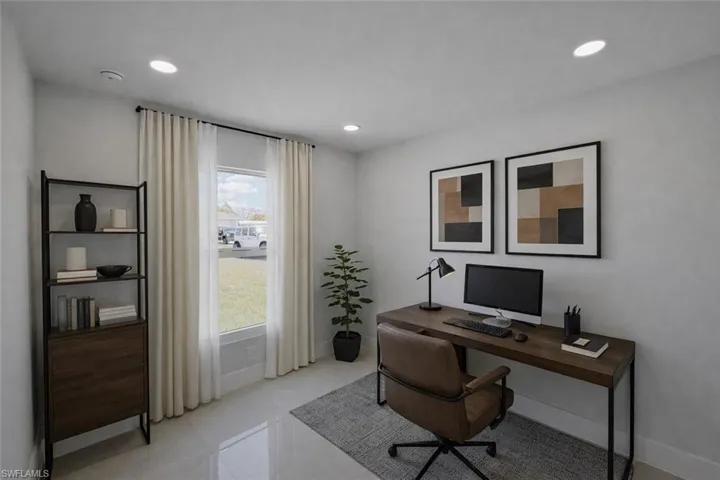 4531_Home office with light tile patterned floors and recessed lighting