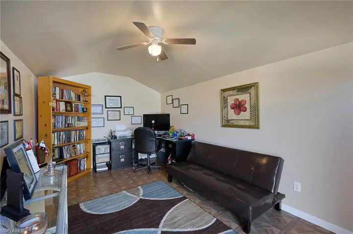 Remote office (shed) with a ceiling fan light fixture and AC, internet