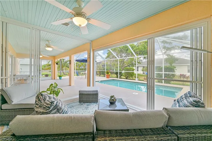 Air Conditioned Sunroom featuring ceiling fan, a swimming pool