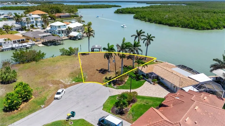Birds eye view of property with a water view and a residential view
