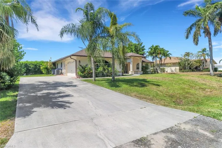 The property features a concrete driveway, a front lawn, and mature palm trees