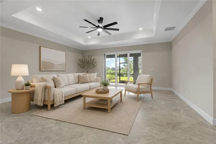 Tray ceiling with recessed lighting and ceiling fan