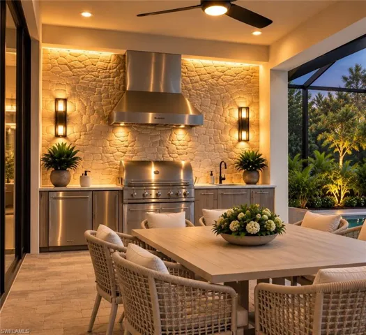 Rendering of covered summer kitchen featuring a textured stone backsplash, professional-grade stainless steel grill, integrated ventilation hood, built-in stainless steel cabinetry, and wall-mounted light fixtures