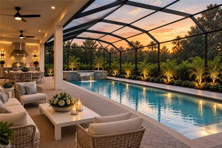 Rendering of screen-enclosed patio featuring a swimming pool with a tiered stone water feature, outdoor kitchen with stainless steel appliances, herringbone-patterned stone decking, and ceiling fans