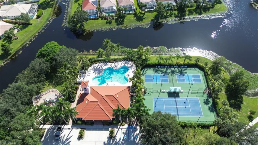 Bird's eye view of a large body of water and a pool area