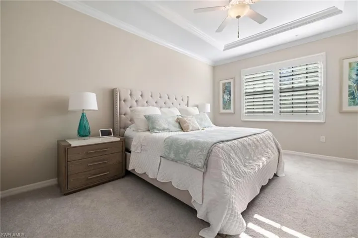 Primary bedroom with tray ceiling and plantation shutters