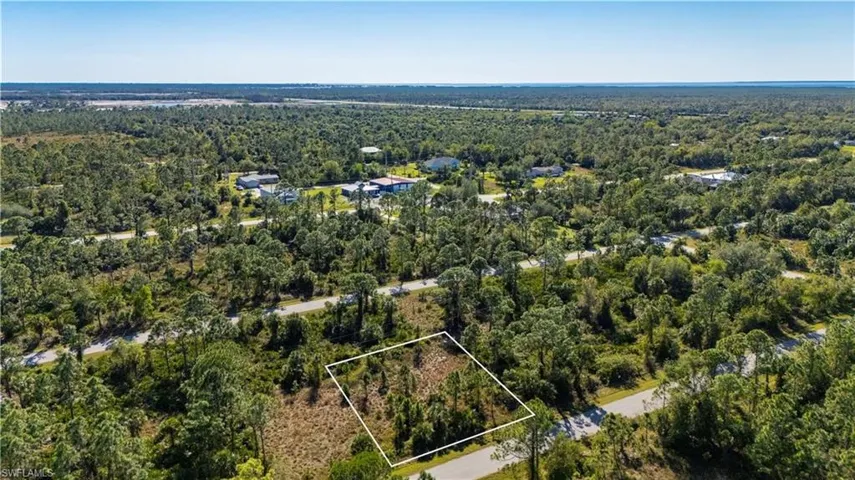 Aerial view of property and surrounding area featuring a forest and property boundaries highlighted