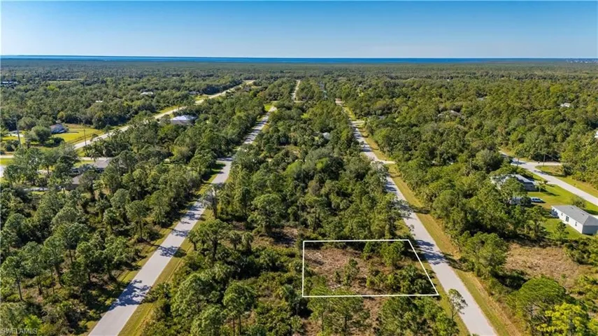 Aerial view of property and surrounding area with a heavily wooded area and property boundaries highlighted