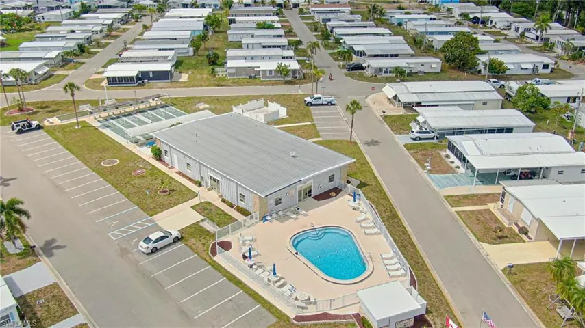 Aerial view of residential area with a pool