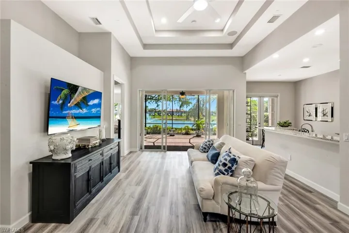 Living Room with Dramatic 14-Foot Tray Ceiling