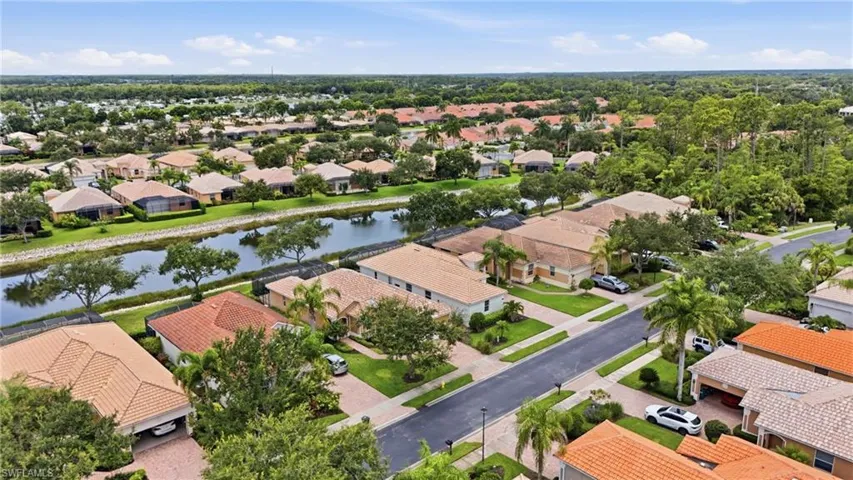 Aerial perspective showcasing a residential community with mature landscaping