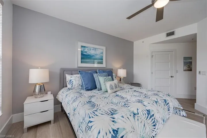 Bedroom featuring light wood finished floors and a ceiling fan