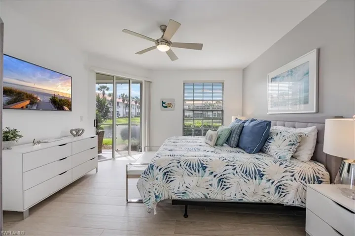 Bedroom with light wood-style floors, access to outside, and ceiling fan