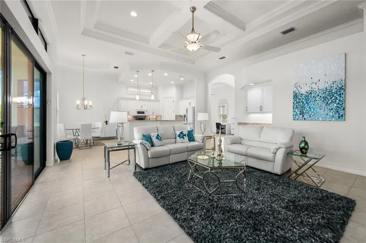 Gorgeous Great Room! Coffered Ceilings.