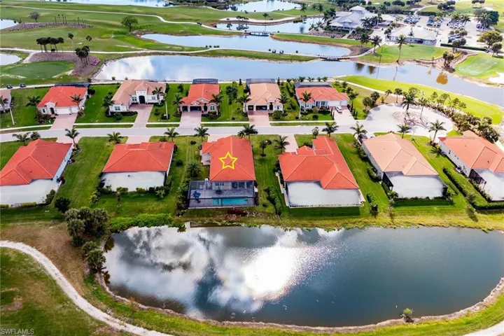 Birds eye view of property with view of golf course, a water view, and a residential view