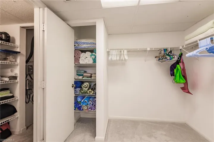 Walk in closet featuring light carpet and a drop ceiling