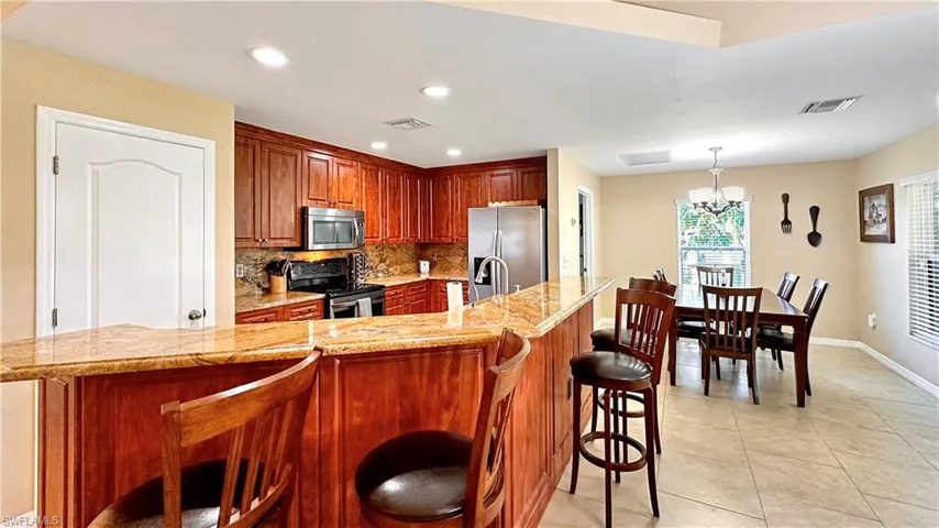 Kitchen featuring stainless steel appliances, a kitchen breakfast bar, tasteful backsplash, a chandelier, and decorative light fixtures