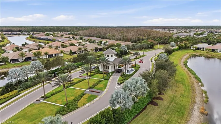 Aerial perspective of suburban area featuring a nearby body of water