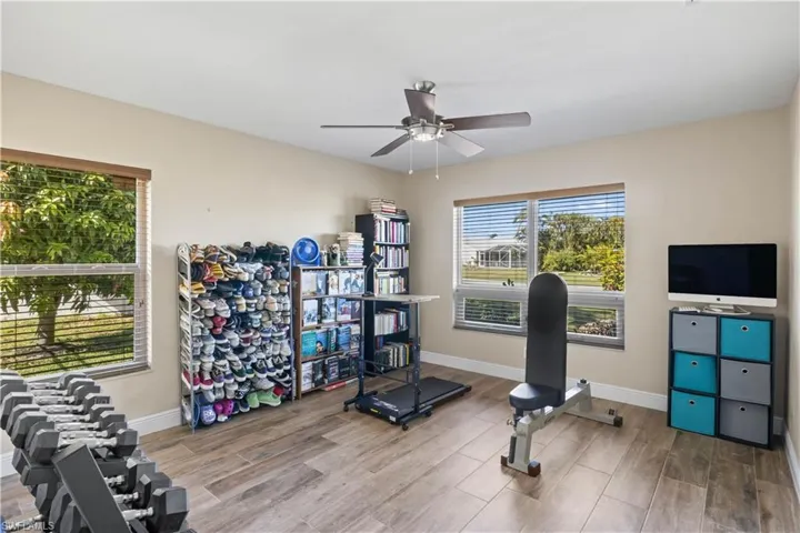 The large windows allow natural light to flood the room, providing a bright and airy atmosphere no matter the function.