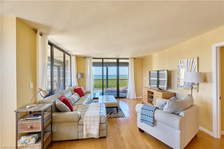 Living area featuring wood finished floors and a wall of windows