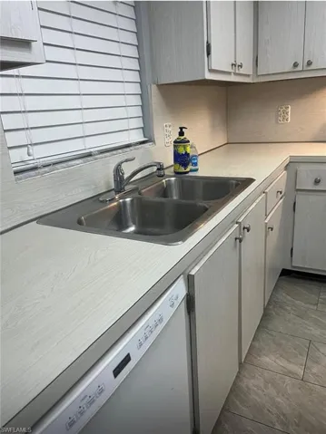 Kitchen with dishwashing machine and light countertops