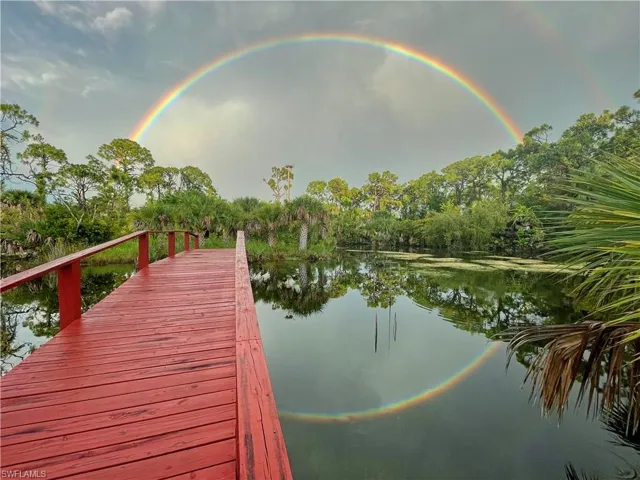 Beautiful rainbow over pond in back yard.
