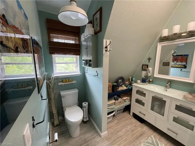 Bathroom with baseboards, wood tile floors, toilet, and vanity