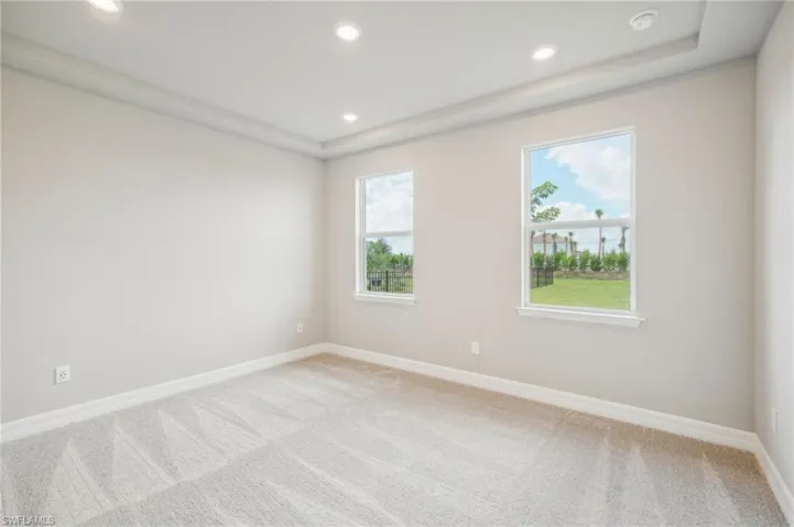 Spare room featuring a raised ceiling and light carpet