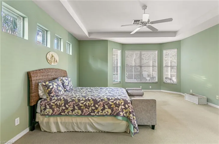 Bedroom featuring a raised tray ceiling, lots of windows, a ceiling fan and LOTS of space.