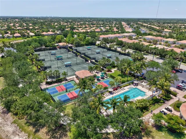 Aerial view of residential area with a pool
