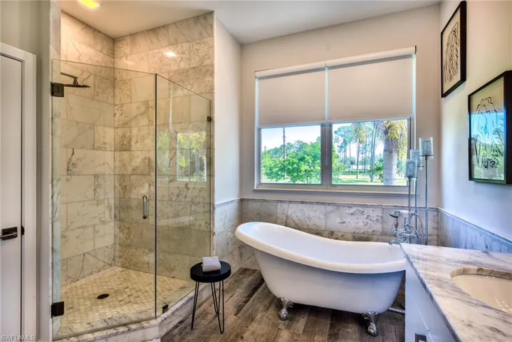 Bathroom featuring independent shower and bath, a healthy amount of sunlight, vanity, and hardwood / wood-style floors