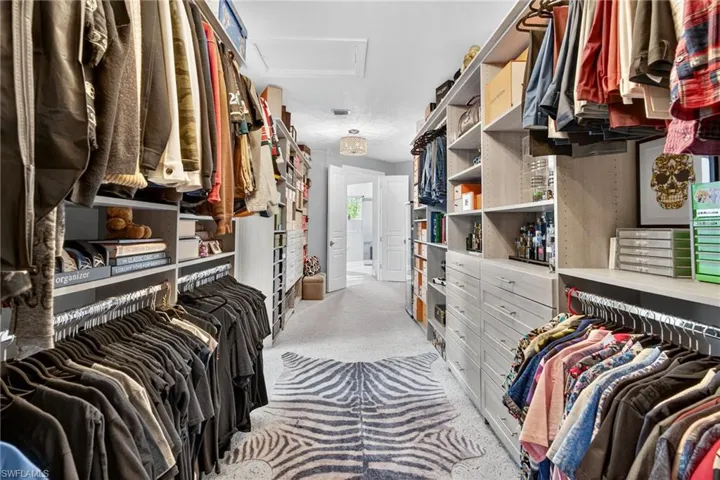 Walk in closet featuring attic access and light carpet