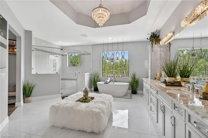 Bathroom with vanity, a freestanding tub, a stall shower, a tray ceiling, and a chandelier