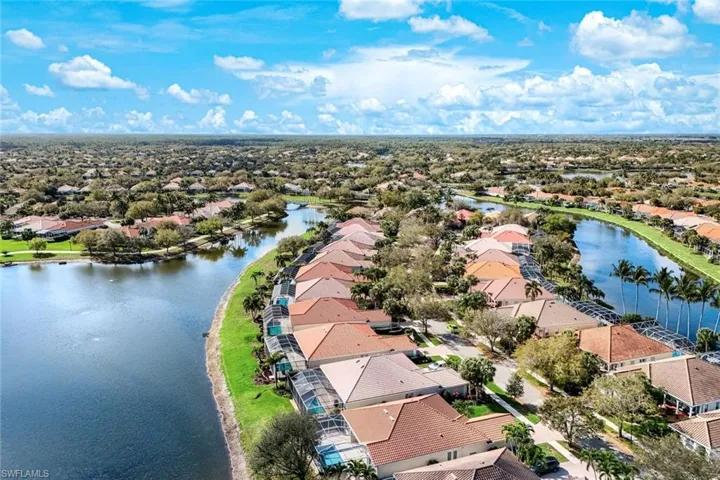 Aerial view of residential area with a nearby body of water