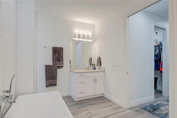 Bathroom with vanity, a freestanding tub, light wood finished floors, and a walk in closet