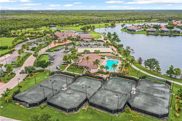 Aerial view of the tennis courts,fitness center and the community pool.